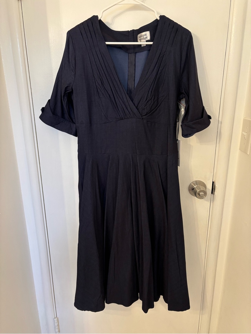 Unique Vintage Navy V-Neck Pleated Fit-and-Flare Midi Dress